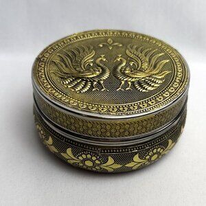 Embossed Metal Peacock Trinket Box Brass Tone Vintage Lidded Jewelry Container